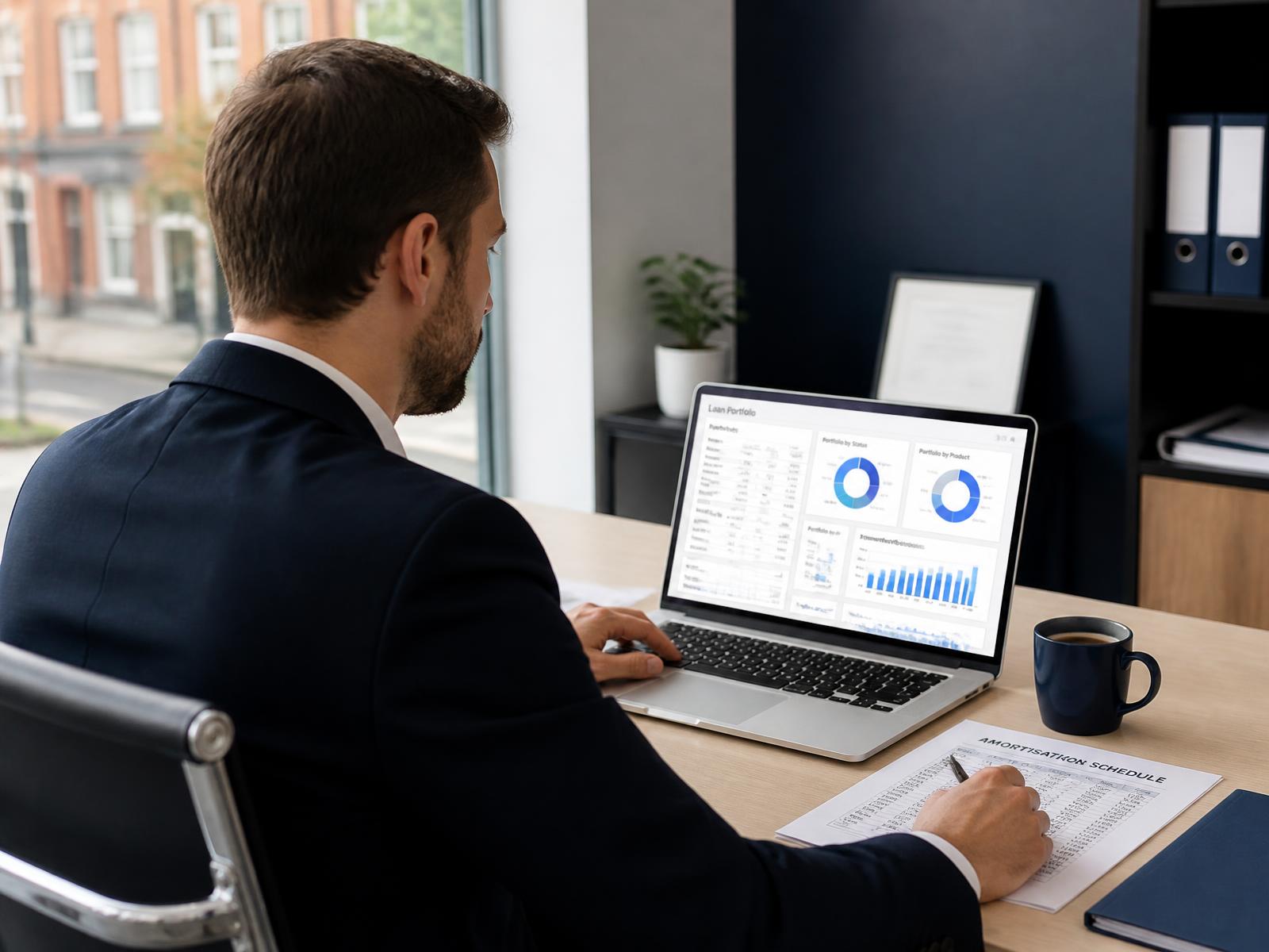 Lendlogix lending console rendered as layered glass dashboards showing portfolio charts and a loan ledger